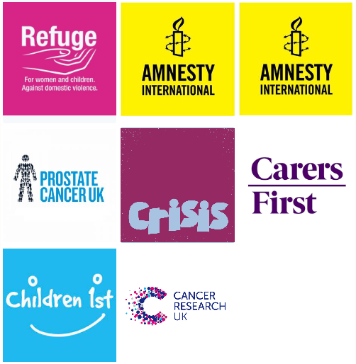 A square containing nine boxes, showcasing eight charities featured in case studies, highlighting their impact and work.
