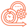 An iorange icon showing a clock, a gear, and arrows all combined to demonstrate change happening over time